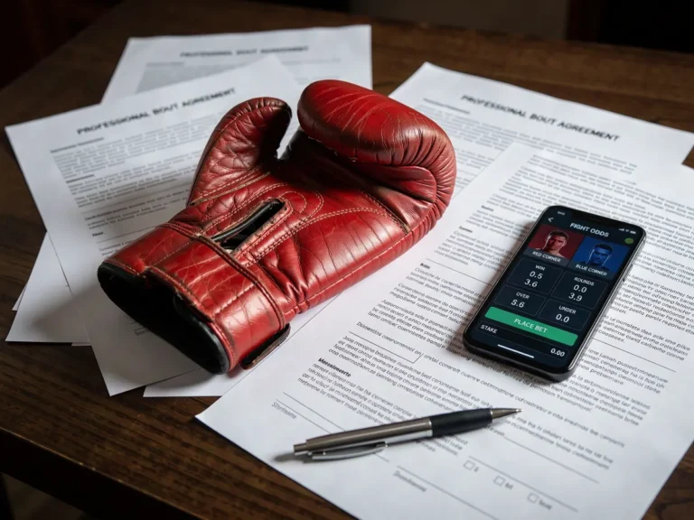 Boxing glove beside a sponsorship contract and a phone showing a betting app, illustrating celebrity gambling endorsement deals