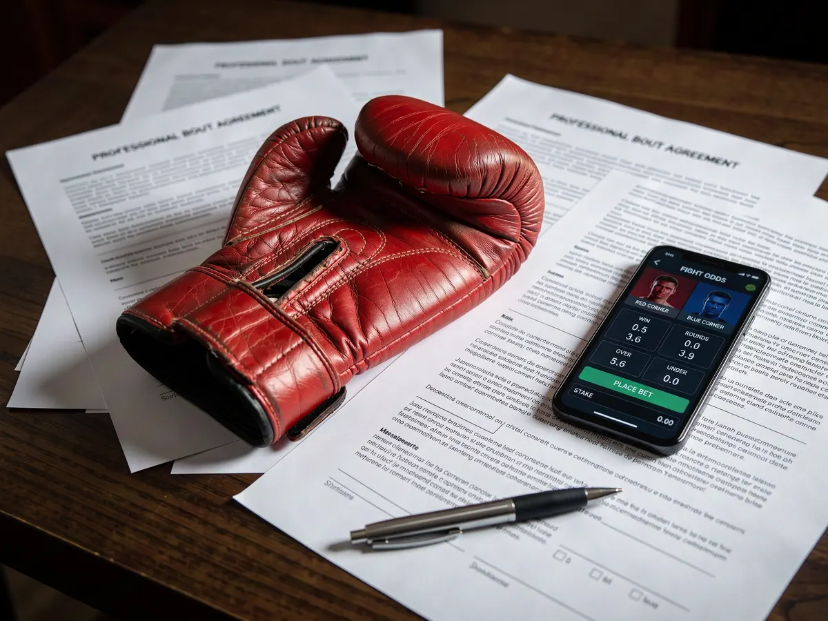 Boxing glove beside a sponsorship contract and a phone showing a betting app, illustrating celebrity gambling endorsement deals