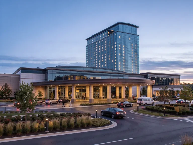 A large resort casino hotel tower lit up at dusk, representing Mohegan Sun's 30 years in Connecticut
