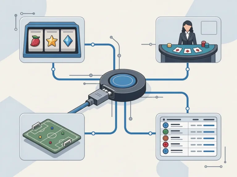 Illustration of one platform integration branching into casino, live dealer, virtual games and sportsbook verticals