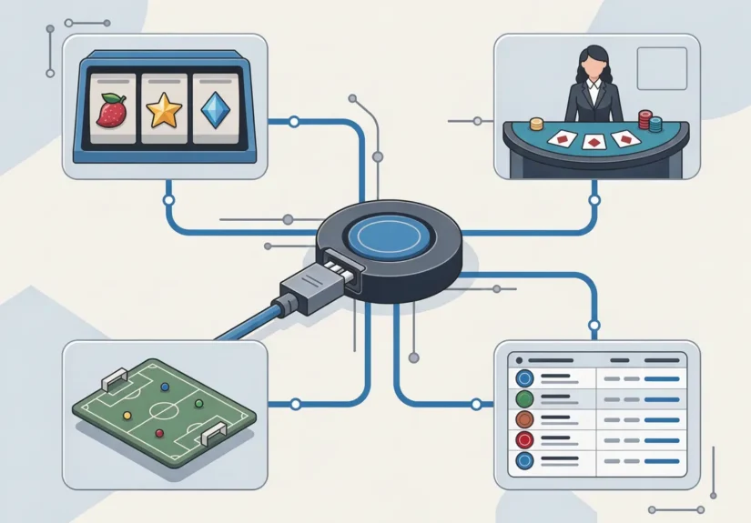 Illustration of one platform integration branching into casino, live dealer, virtual games and sportsbook verticals