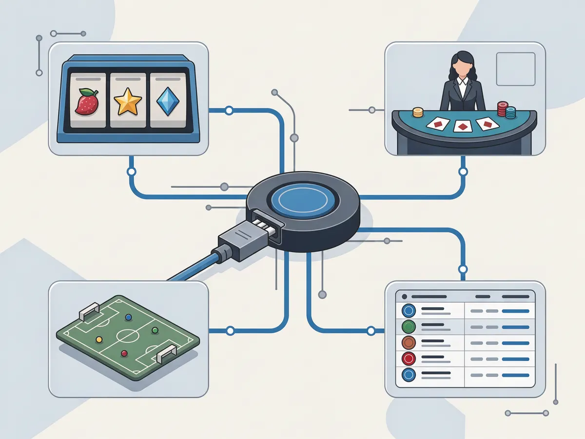 Illustration of one platform integration branching into casino, live dealer, virtual games and sportsbook verticals
