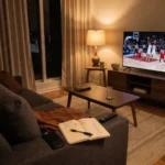 Basketball game on television with a phone placed face-down beside a betting notebook