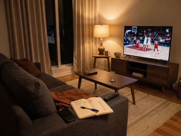 Basketball game on television with a phone placed face-down beside a betting notebook