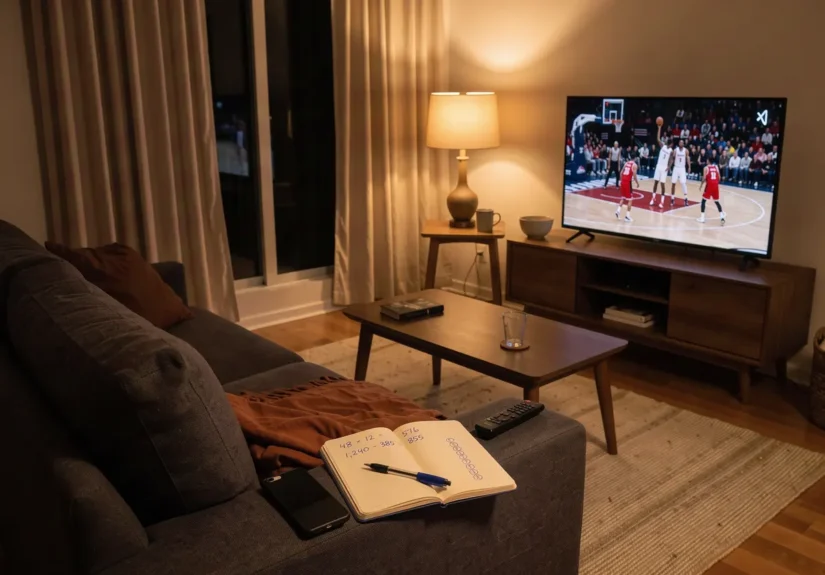 Basketball game on television with a phone placed face-down beside a betting notebook