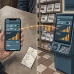 Phone bet slip and a self-service betting terminal linked by a data line, illustrating omnichannel sportsbook technology