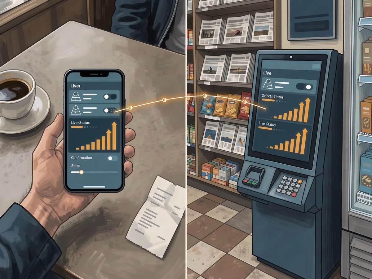 Phone bet slip and a self-service betting terminal linked by a data line, illustrating omnichannel sportsbook technology