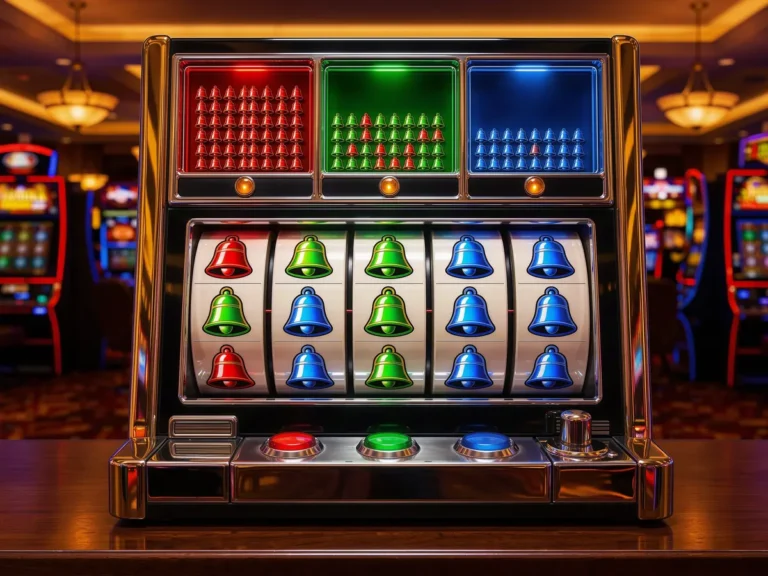 Red, green and blue bell symbols above a classic slot reel set representing Playson's 3 Roaring Bells Hold and Win feature