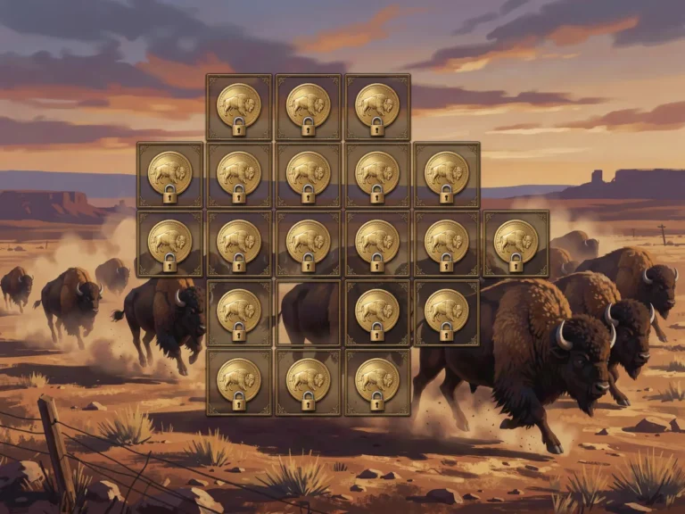 Buffalo herd on Wild West plains behind a six-reel slot grid with locked gold coin symbols