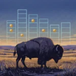 Buffalo on North American plains with a glowing slot grid and locked coin symbols overlaid