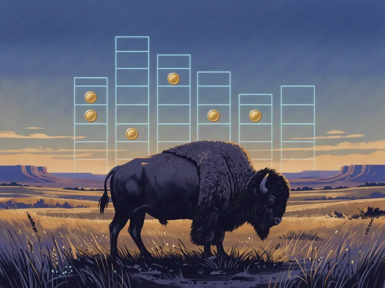 Buffalo on North American plains with a glowing slot grid and locked coin symbols overlaid