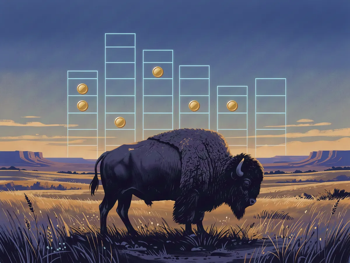 Buffalo on North American plains with a glowing slot grid and locked coin symbols overlaid