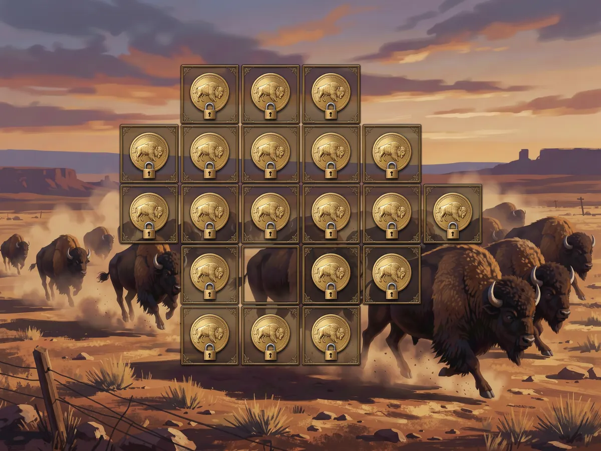 Buffalo herd on Wild West plains behind a six-reel slot grid with locked gold coin symbols