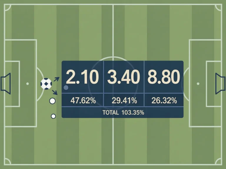 Illustration of a football pitch with a betting odds board showing decimal prices converted to percentages