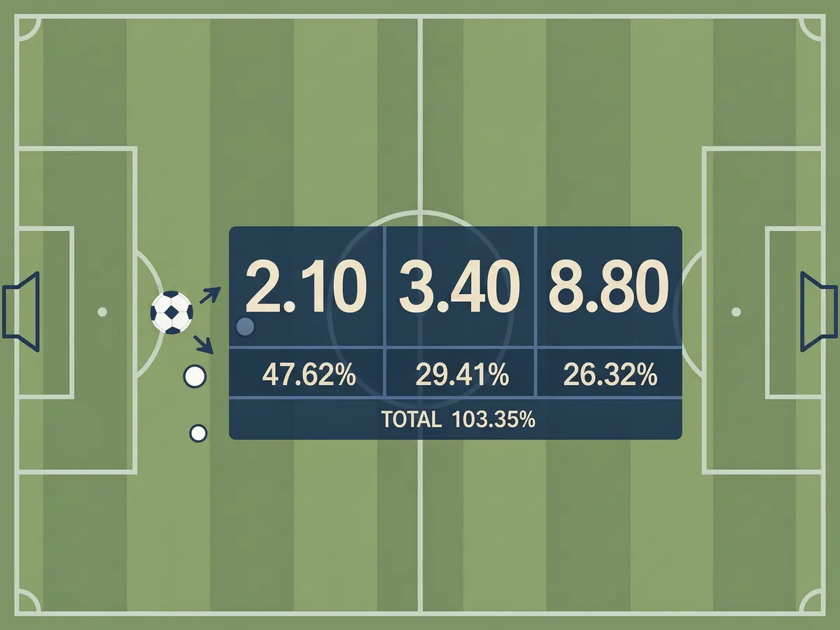 Illustration of a football pitch with a betting odds board showing decimal prices converted to percentages