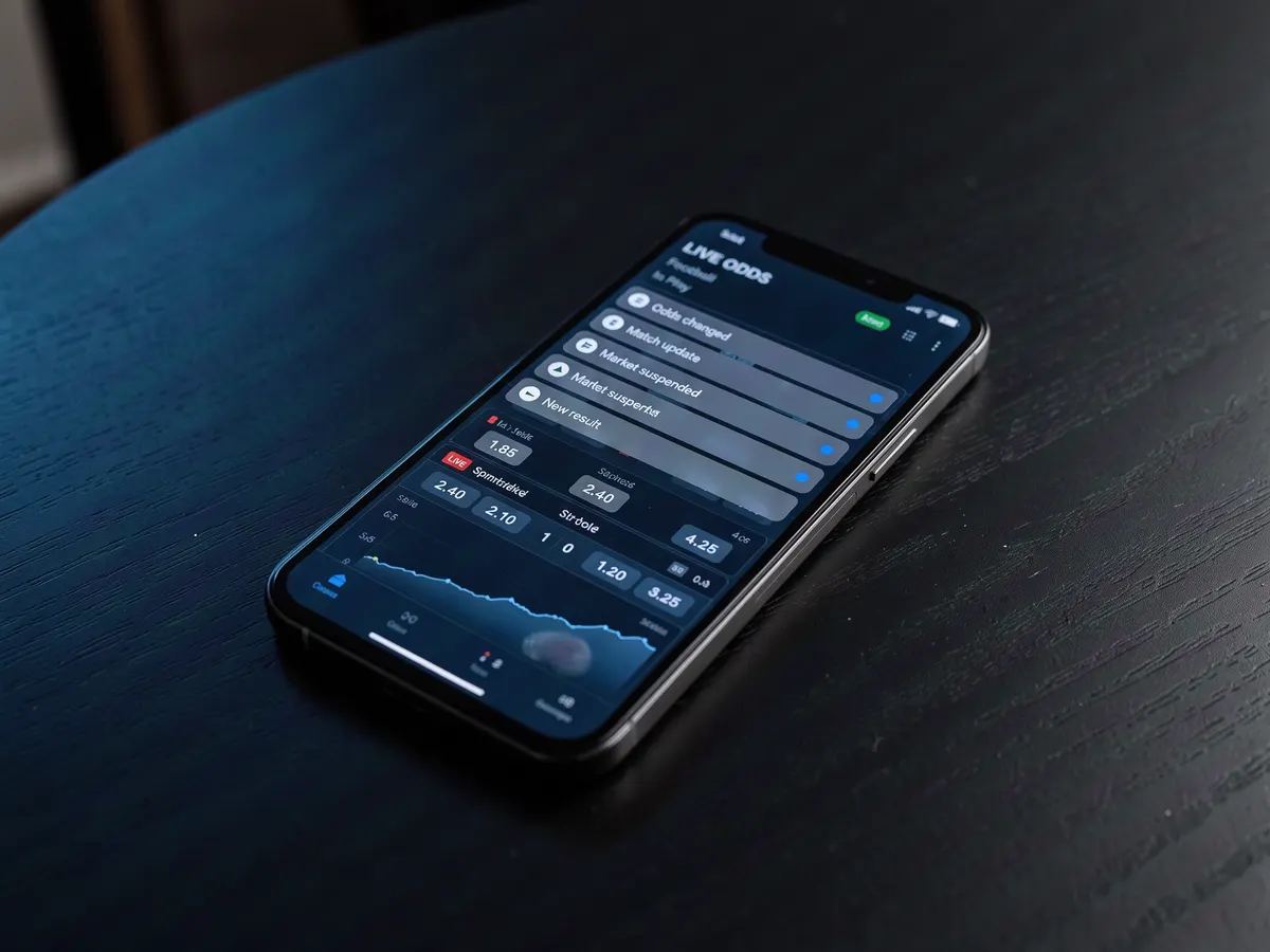 Smartphone showing a live betting interface with stacked notifications on a dark table