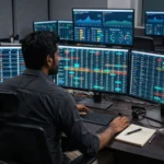 Trader watching live odds and probability screens at a sportsbook trading desk