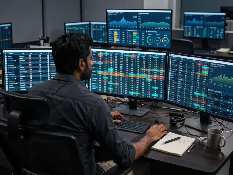 Trader watching live odds and probability screens at a sportsbook trading desk
