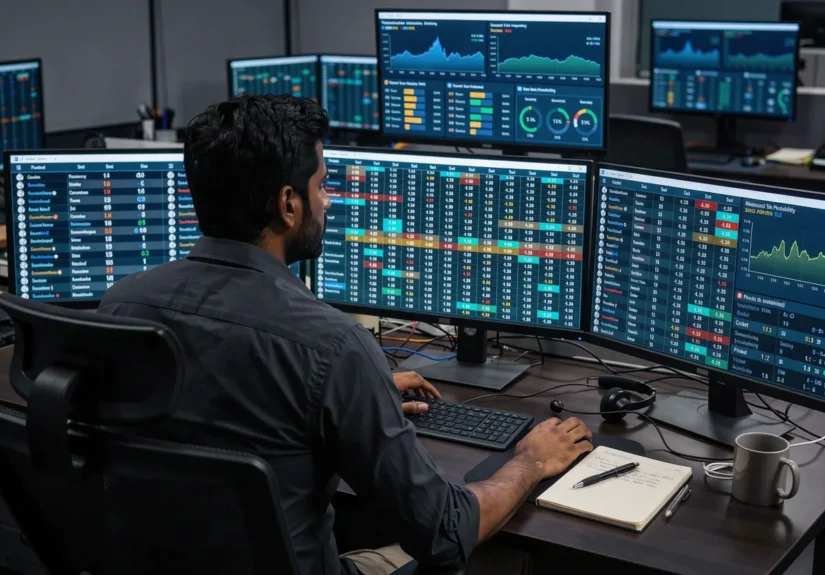 Trader watching live odds and probability screens at a sportsbook trading desk