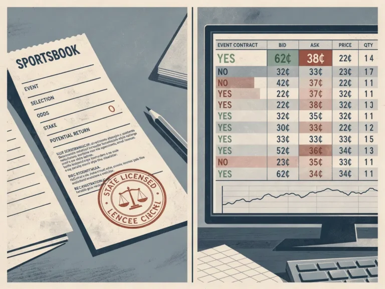 Split image contrasting a licensed sportsbook betting slip with a prediction market exchange order book