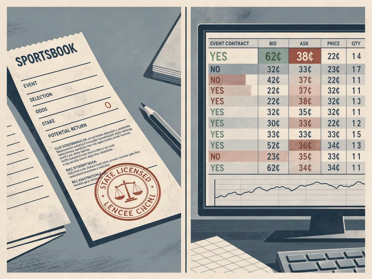 Split image contrasting a licensed sportsbook betting slip with a prediction market exchange order book