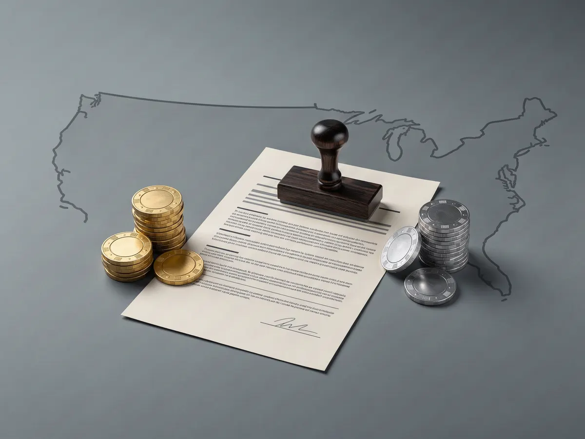 Gold and silver casino tokens separated by a legal document, illustrating the sweepstakes casino dual-currency model