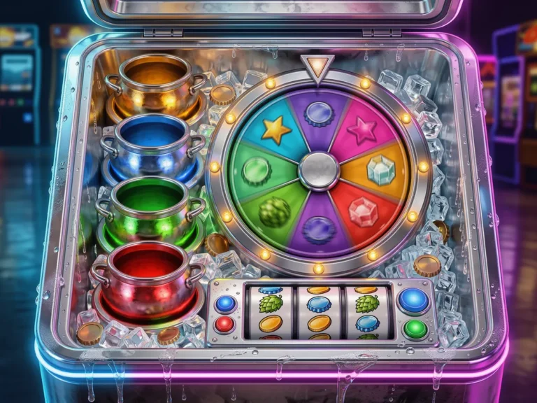 Concept art of a slot game interface with four coloured bonus pots and a prize wheel