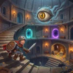 Illustration of a cartoon knight climbing a fantasy treasure tower with floating eye and glowing portals
