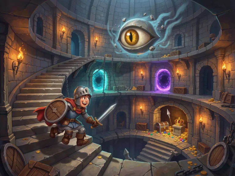 Illustration of a cartoon knight climbing a fantasy treasure tower with floating eye and glowing portals