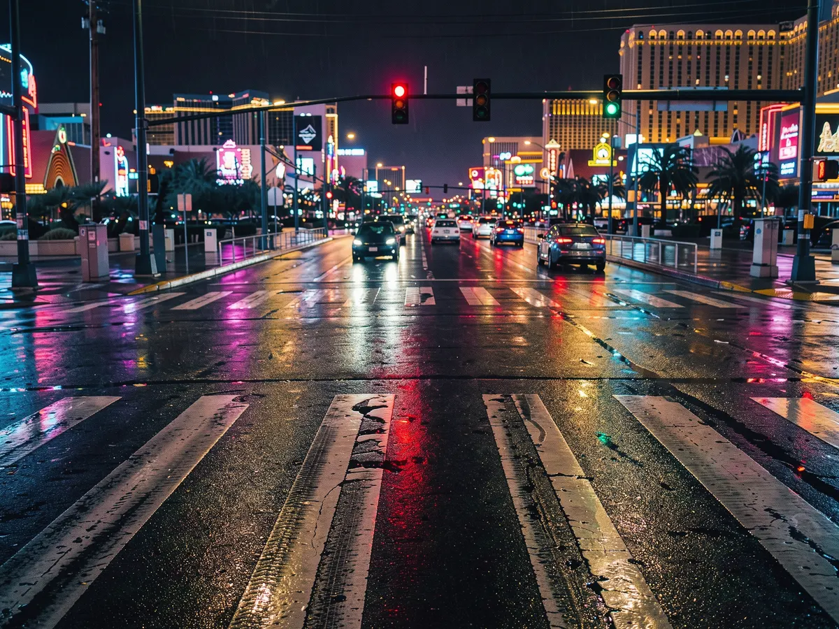 A Las Vegas Strip intersection at night with neon casino signs reflected on wet asphalt
