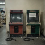 Unplugged skill game terminals with blank screens in a small retail back room