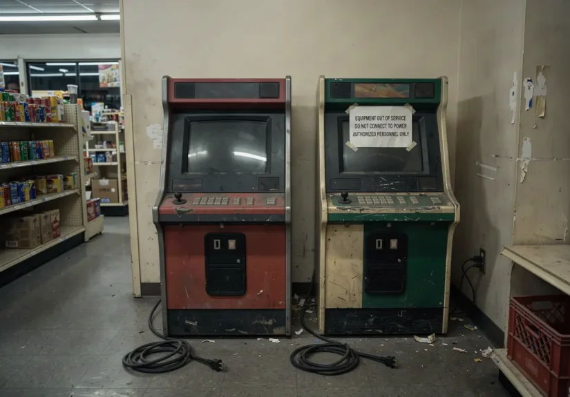 Unplugged skill game terminals with blank screens in a small retail back room