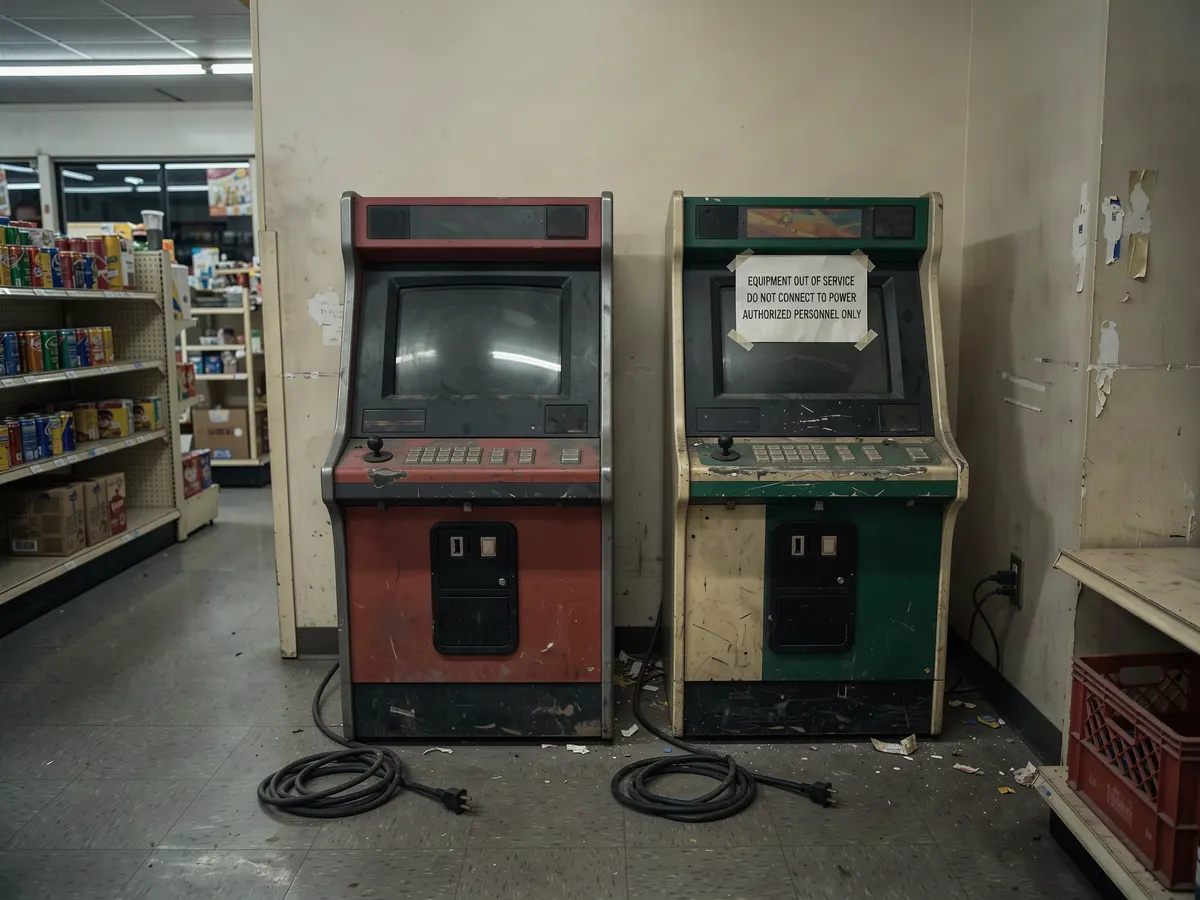 Unplugged skill game terminals with blank screens in a small retail back room