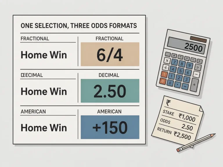Odds board showing the same selection quoted in fractional, decimal and moneyline formats next to a calculator and stake slip